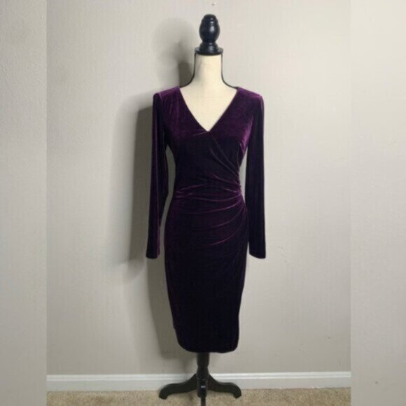 Lauren Ralph Lauren Purple Velvet V-Neck Long Sleeve Midi Sheath Dress - Picture 3 of 12